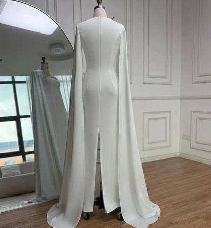 Minimalist Crepe Sheath Gown with Watteau Cape