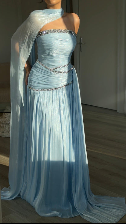 Ruched Column Gown with Draped Cape and Crystal Trim