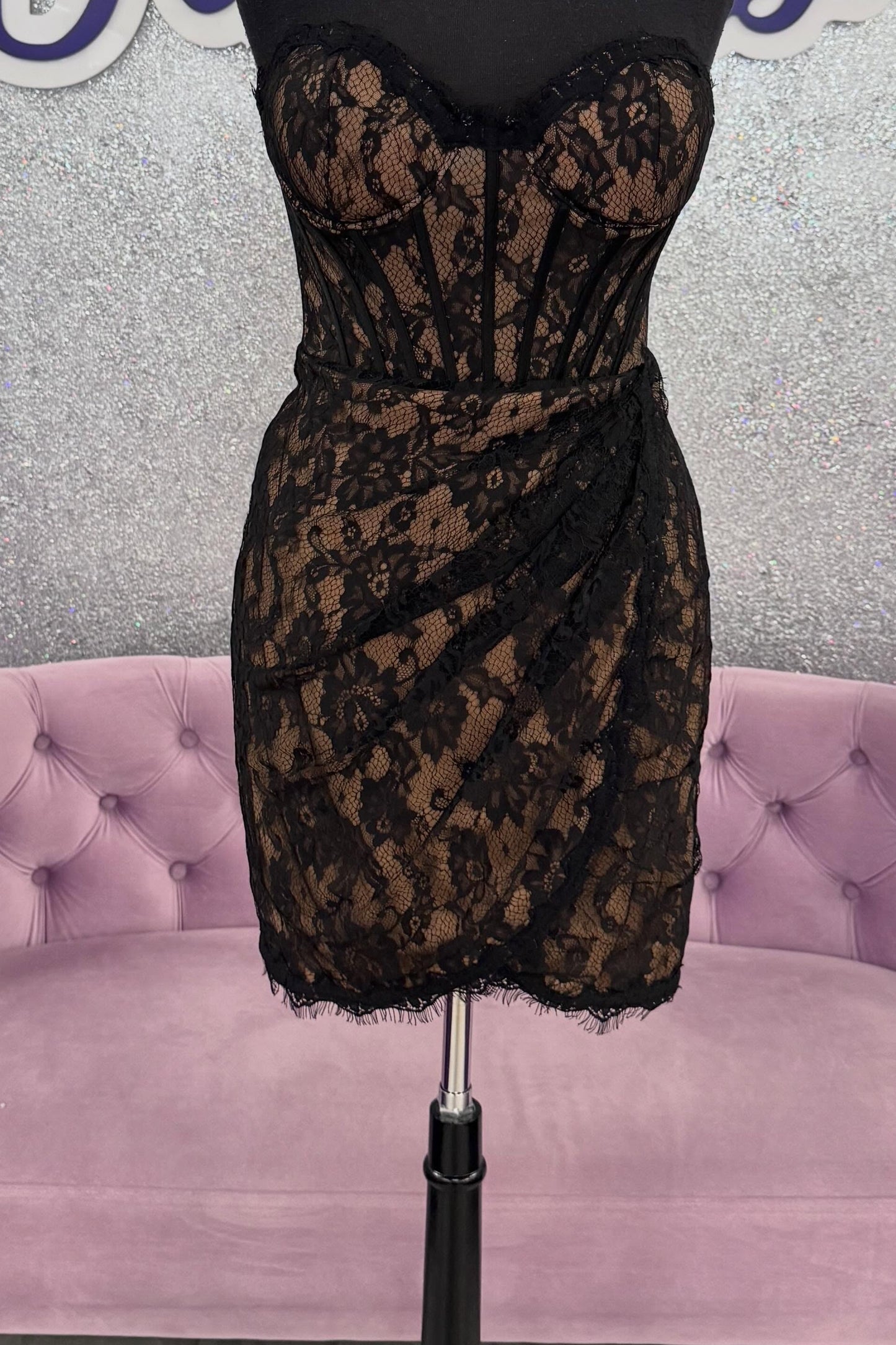 Strapless Lace Corset Mini Dress with Draped Skirt