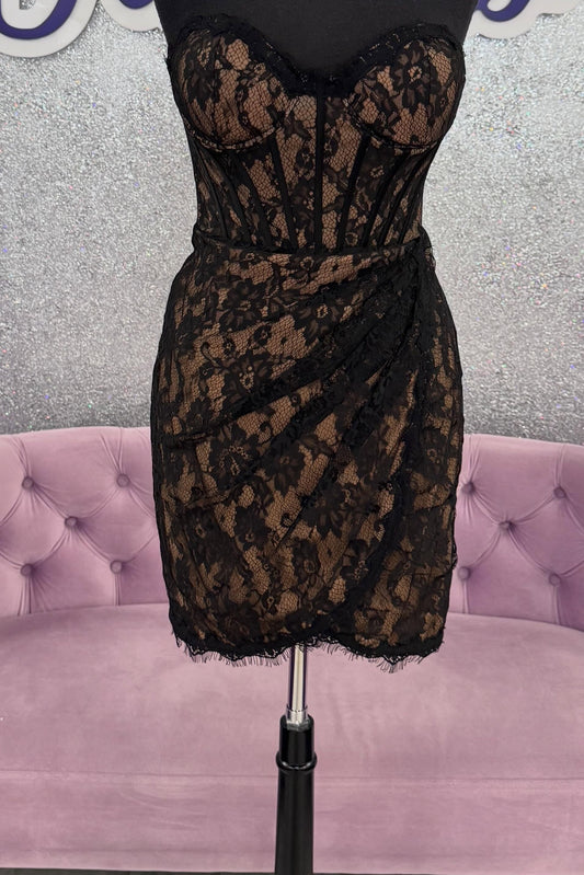 Strapless Lace Corset Mini Dress with Draped Skirt