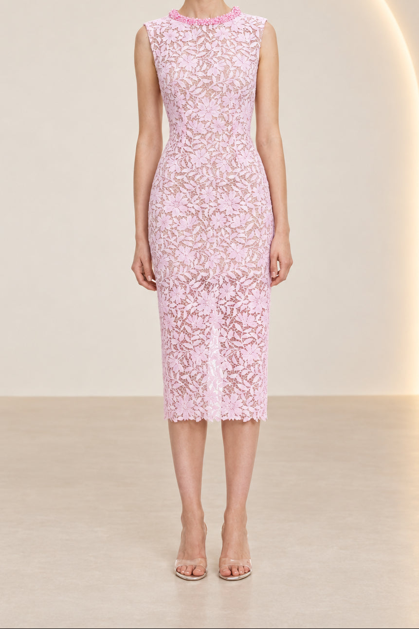 Floral Lace Sheath Midi Dress with Beaded Neckline