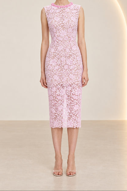Floral Lace Sheath Midi Dress with Beaded Neckline