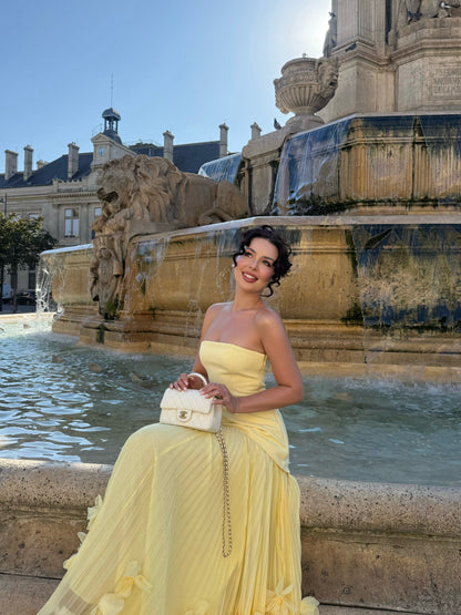 Strapless Pleated Evening Gown with 3D Florals
