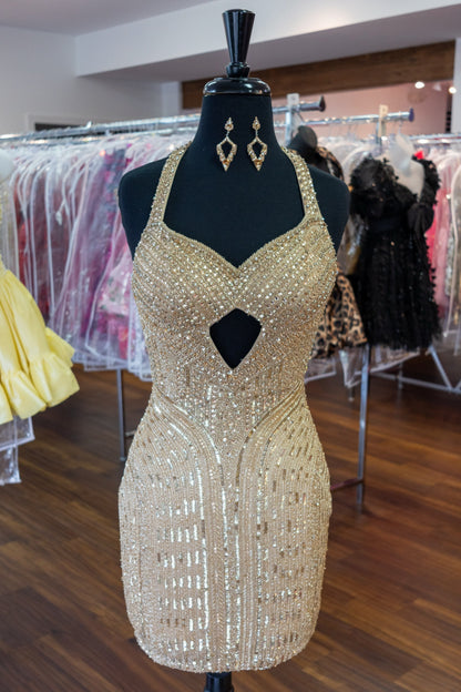Beaded Sweetheart Keyhole Mini Dress