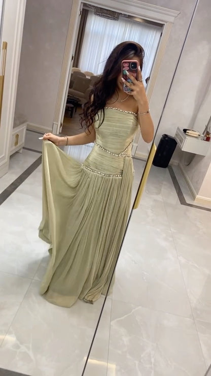 Strapless Ruched Evening Gown with Beaded Trim