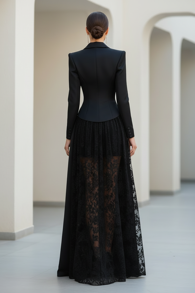 Blazer-Top Lace Skirt Long Sleeve Formal Gown