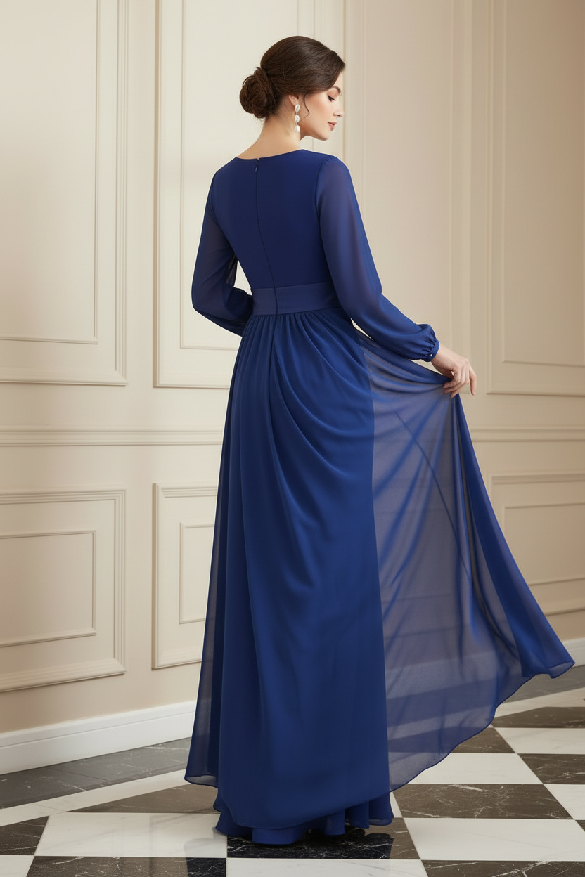 V-Neck Long Sleeve Chiffon Draped Evening Gown