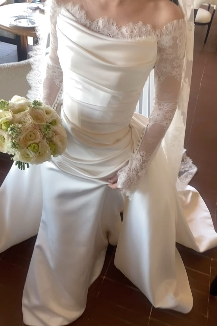 Off-Shoulder Ruched Satin Lace Long Sleeve Wedding Dress