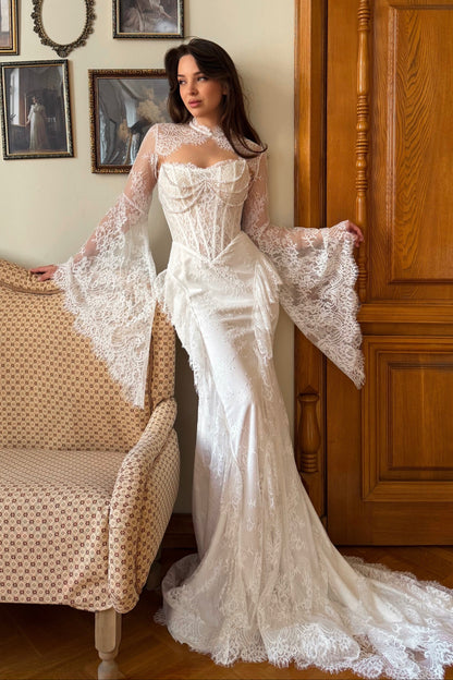 Lace Mermaid Wedding Dress with Bell Sleeves