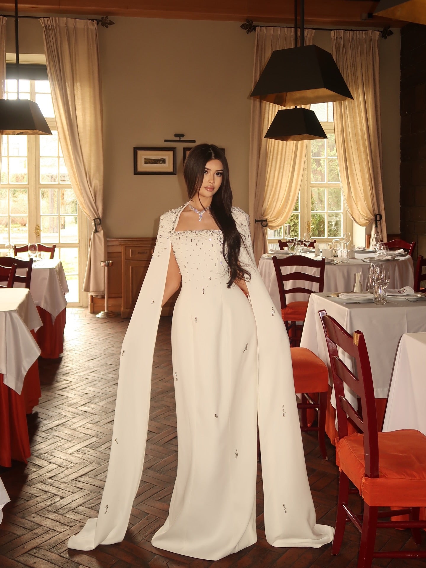 Beaded Square Neck Evening Gown with Cape