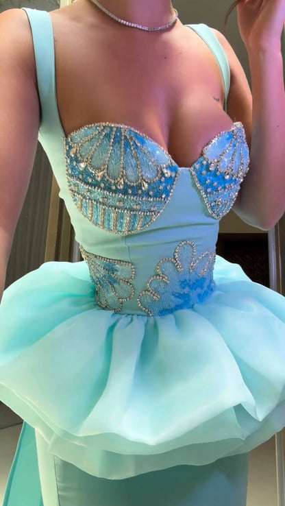 Beaded Corset Mermaid Gown with Peplum Ruffle