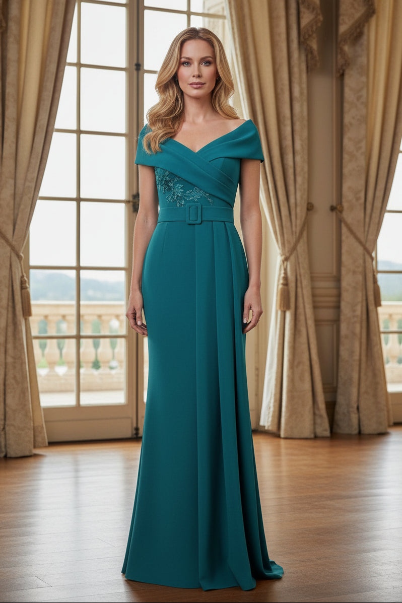 Off-the-Shoulder Belted Column Evening Gown