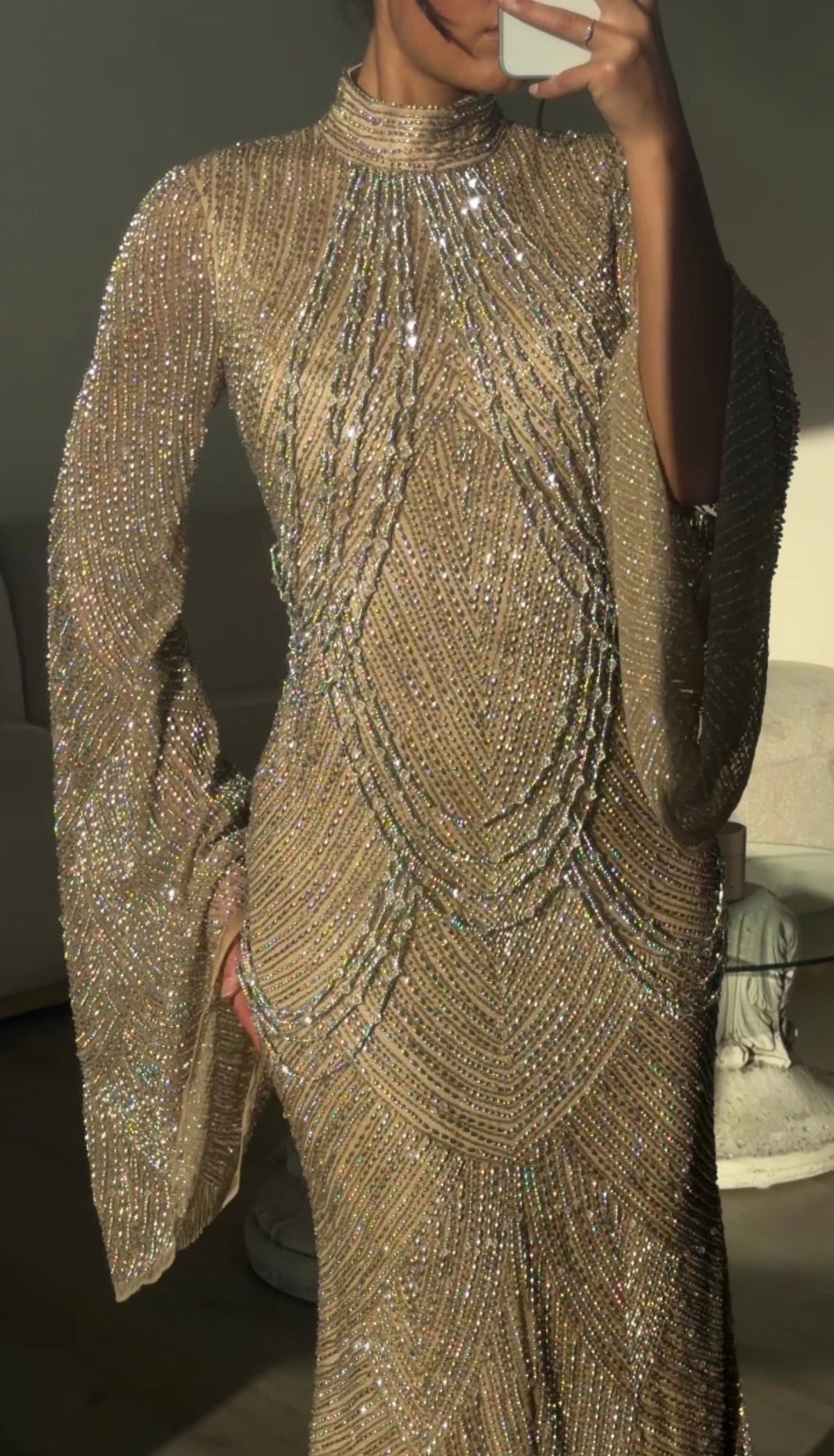 Beaded High-Neck Gown with Bell Sleeves