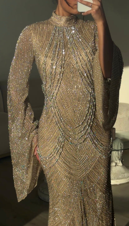 Beaded High-Neck Gown with Bell Sleeves