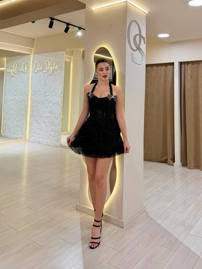 Beaded Corset Halter Mini Dress with Bows