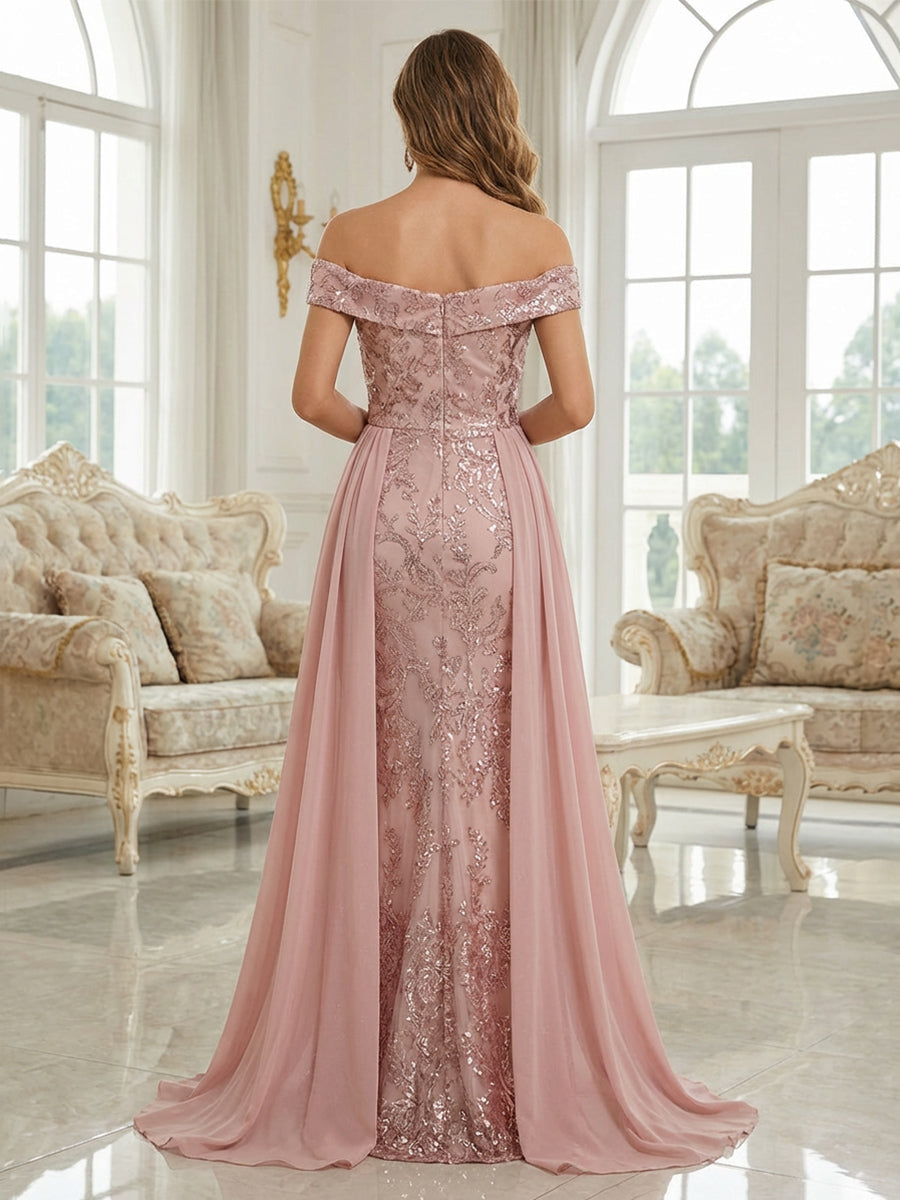 Off-the-Shoulder Lace Mermaid Gown with Overskirt