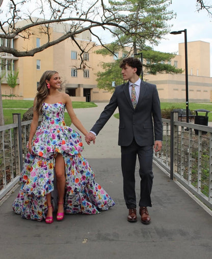 Strapless Floral Print High-Low Ball Gown