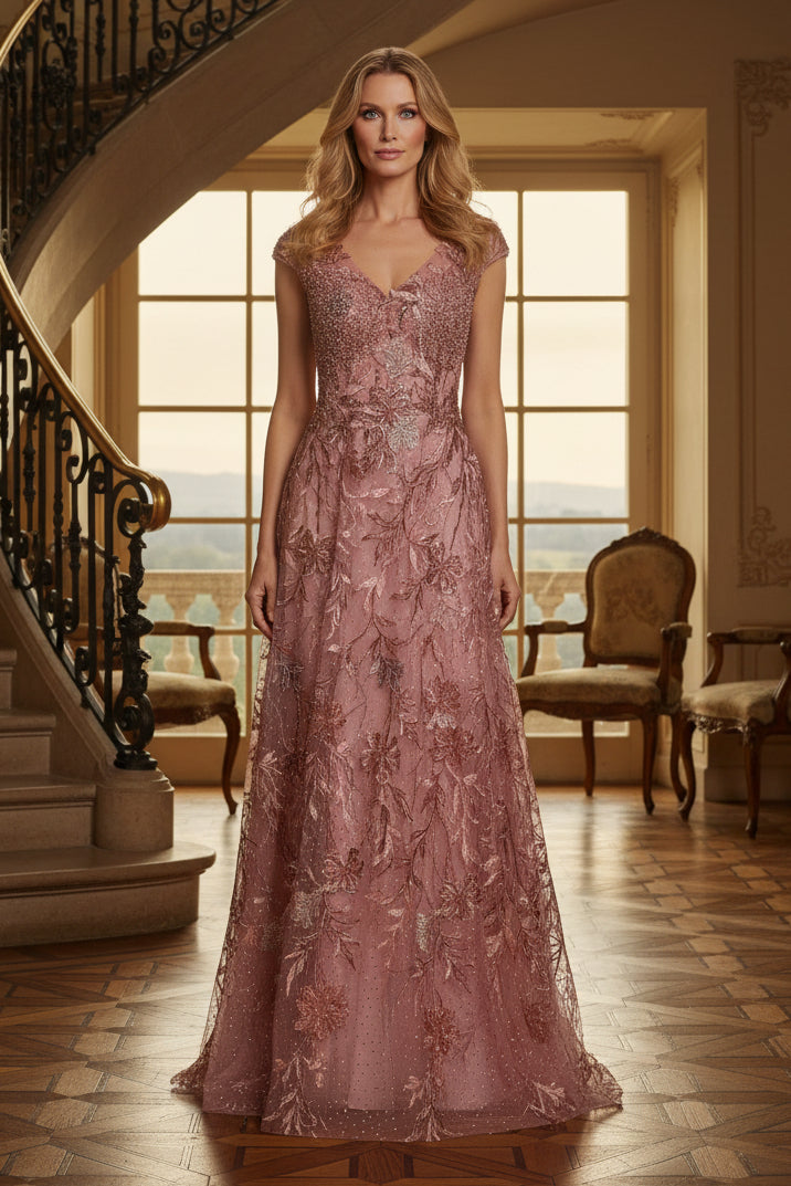 Beaded Lace V-Neck A-Line Evening Gown