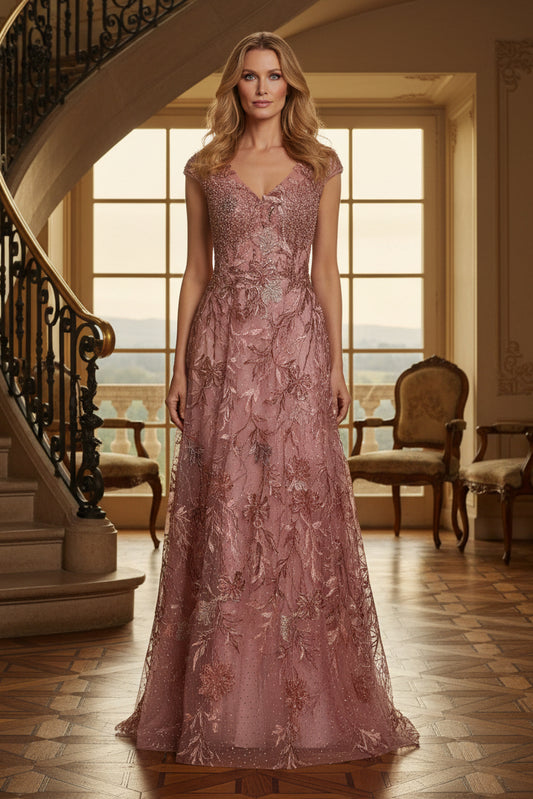 Beaded Lace V-Neck A-Line Evening Gown
