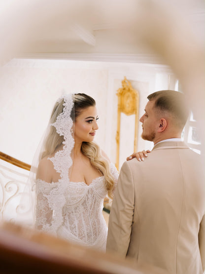 Off-the-Shoulder Lace Wedding Gown with Corset Bodice