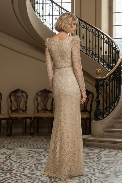 Elegant Long Sleeve Beaded Lace Evening Gown