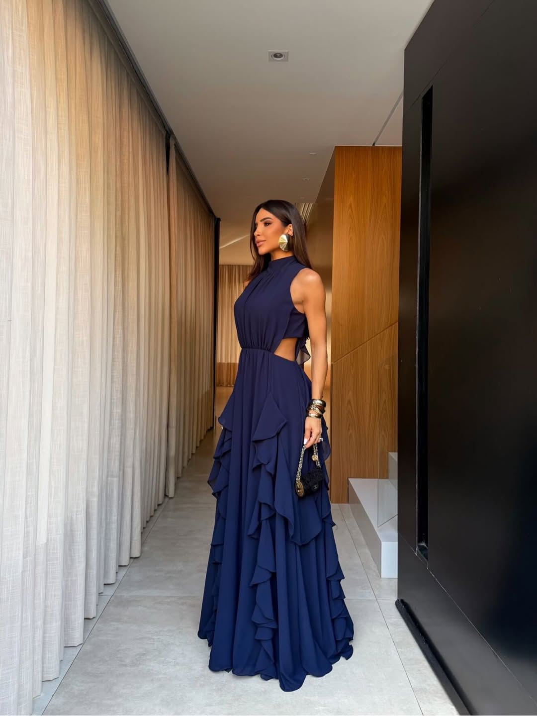 Halter Ruffle Open-Back Chiffon Gown