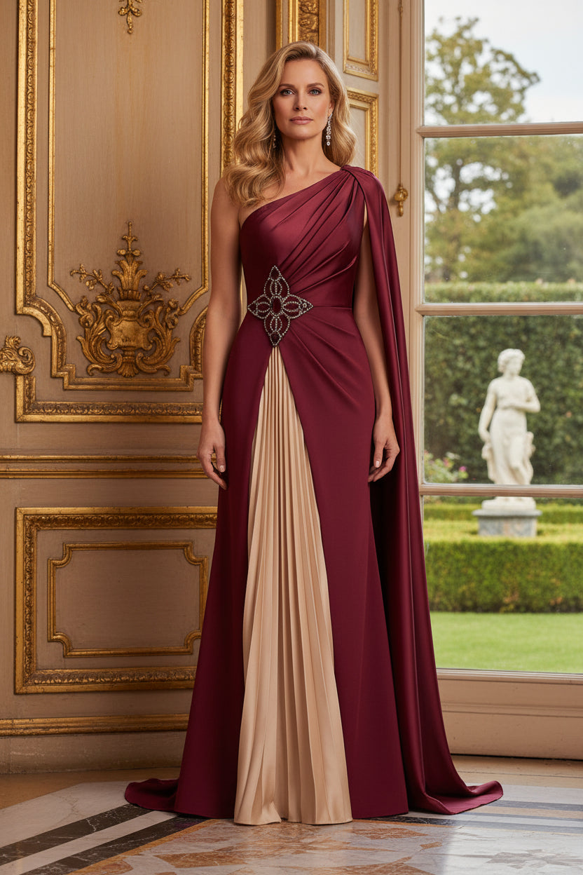 One-Shoulder Cape Evening Gown with Pleated Inset