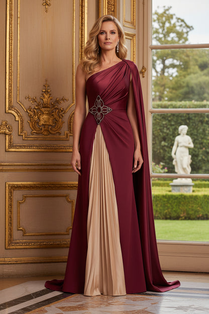 One-Shoulder Cape Evening Gown with Pleated Inset