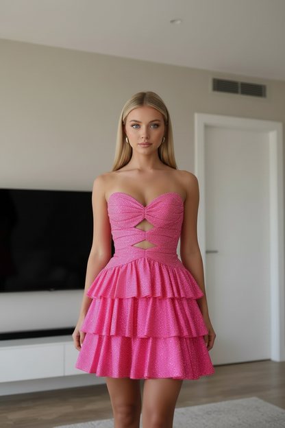 Strapless Cut-Out Glitter Tiered Homecoming Dress