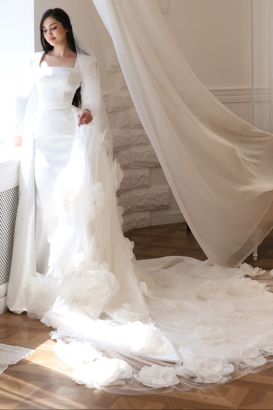 Long Sleeve Satin Column Wedding Dress with Flower Train