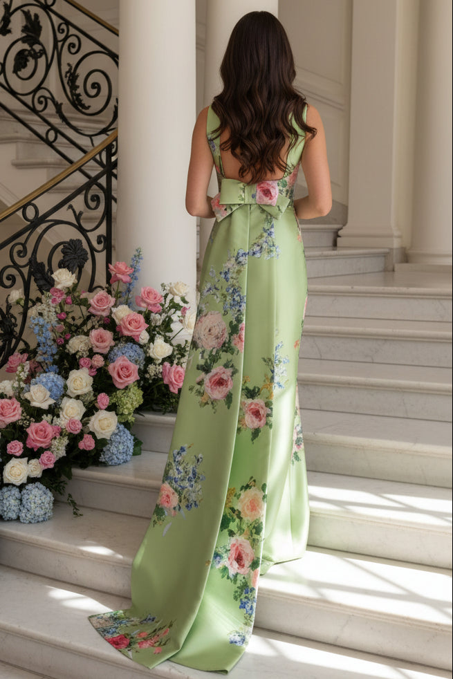 Floral Print Satin Sheath Gown with Open Back Bow