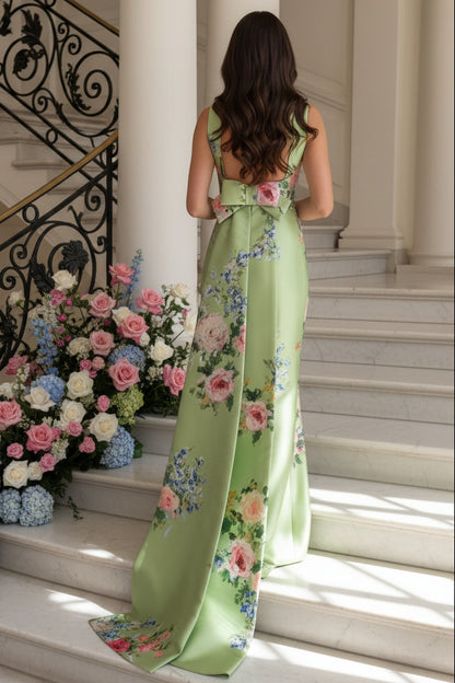 Floral Print Satin Sheath Gown with Open Back Bow