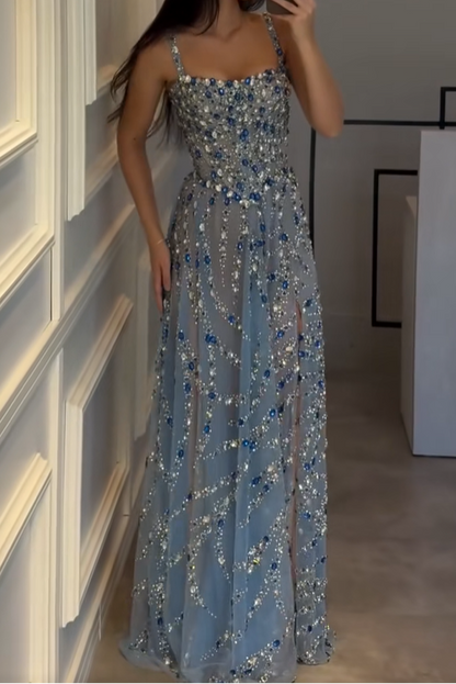 Crystal Embellished Spaghetti Strap Evening Gown