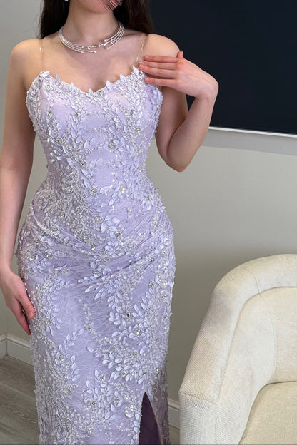 Embellished Lace Column Gown with High Slit