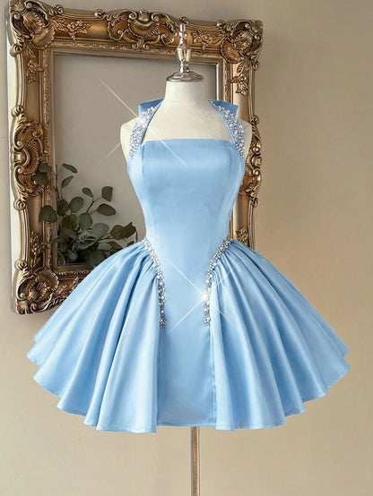 Beaded Halter Satin Fit and Flare Mini Dress
