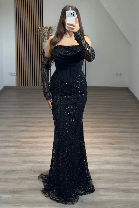 Strapless Corset Mermaid Evening Gown with Sleeves