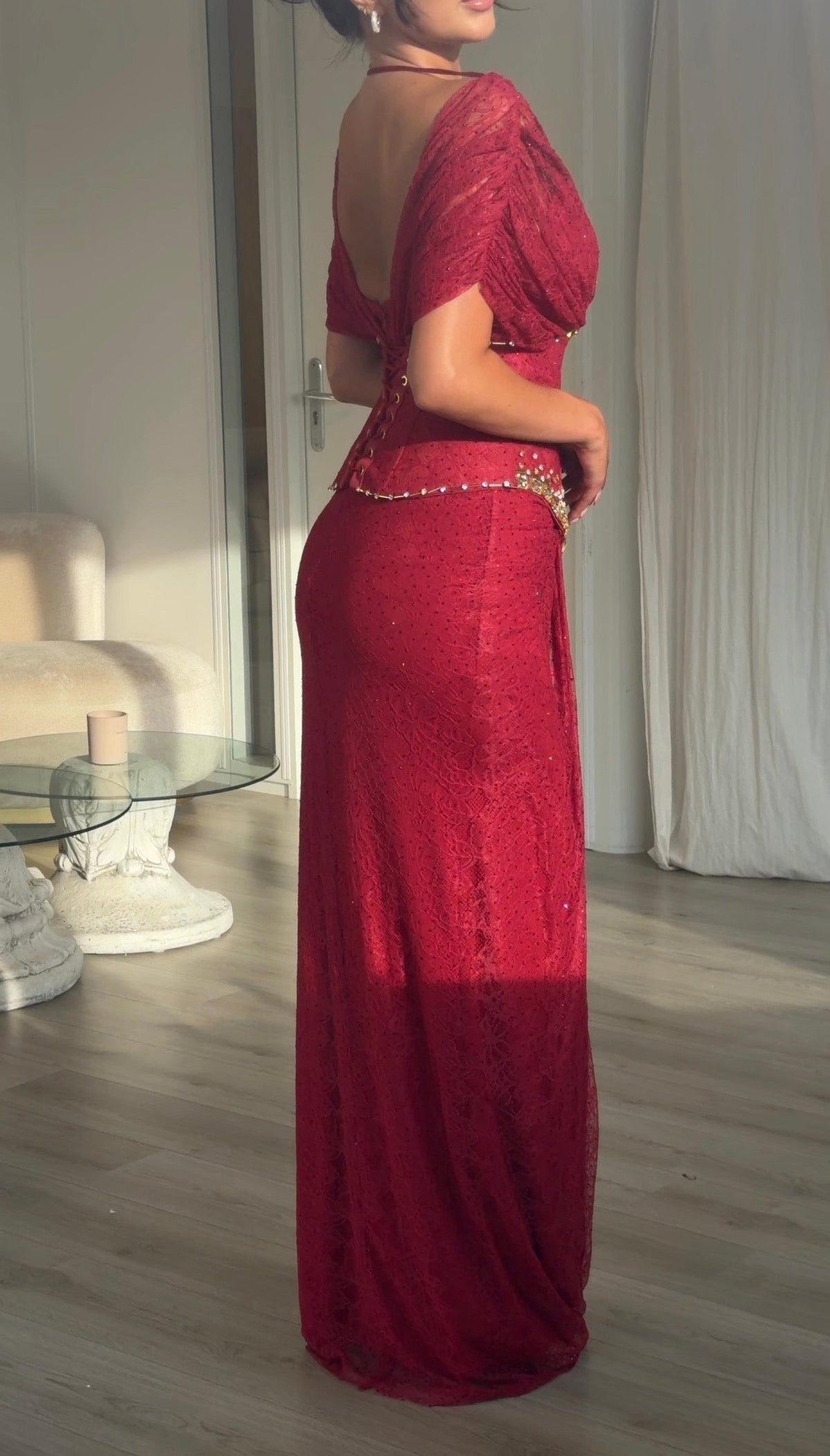 Off-Shoulder Ruched Gown with Crystal Trim