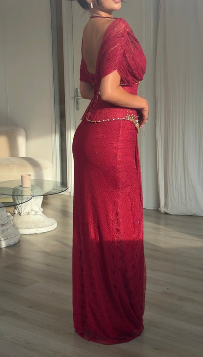 Off-Shoulder Ruched Gown with Crystal Trim