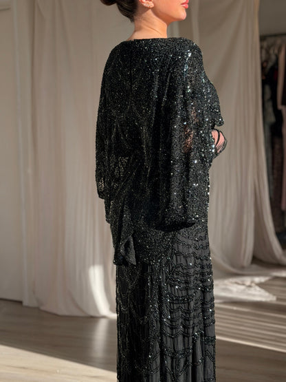 Beaded Capelet Evening Gown with Scalloped Motifs