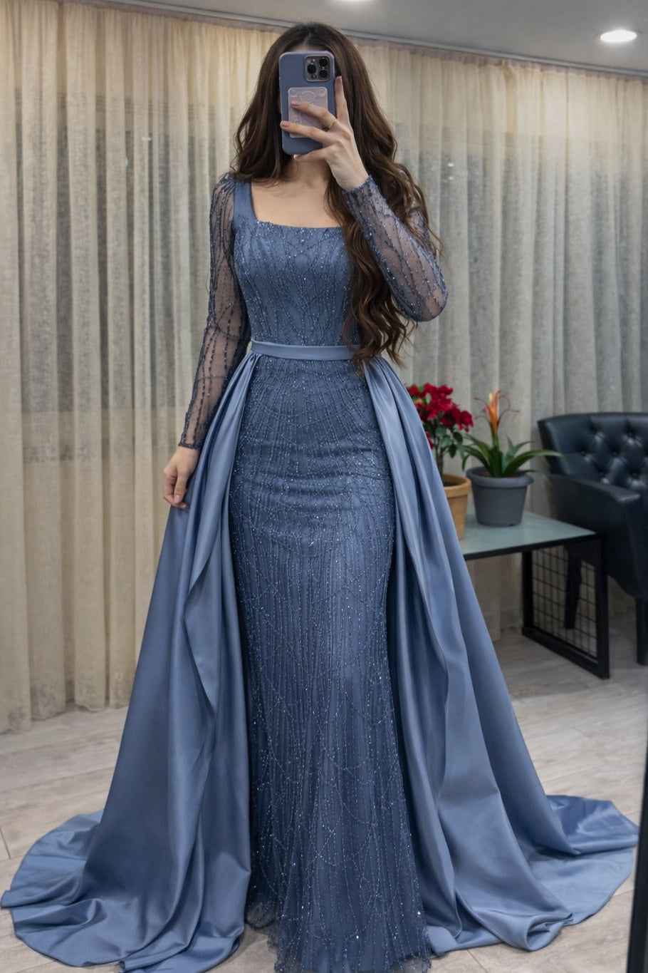 Beaded Square Neck Evening Gown with Overskirt