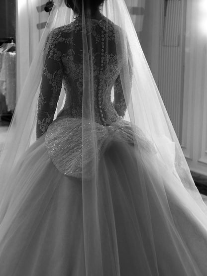 Beaded Lace High Neck Wedding Dress with Overskirt