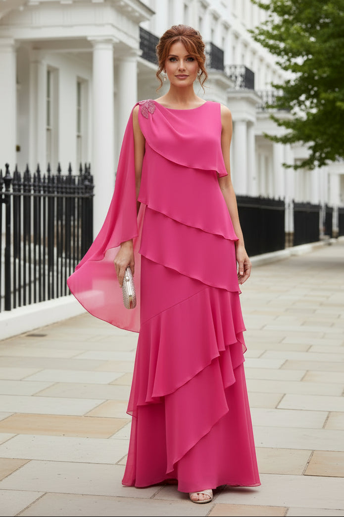 Tiered Chiffon Evening Gown with One-Shoulder Cape
