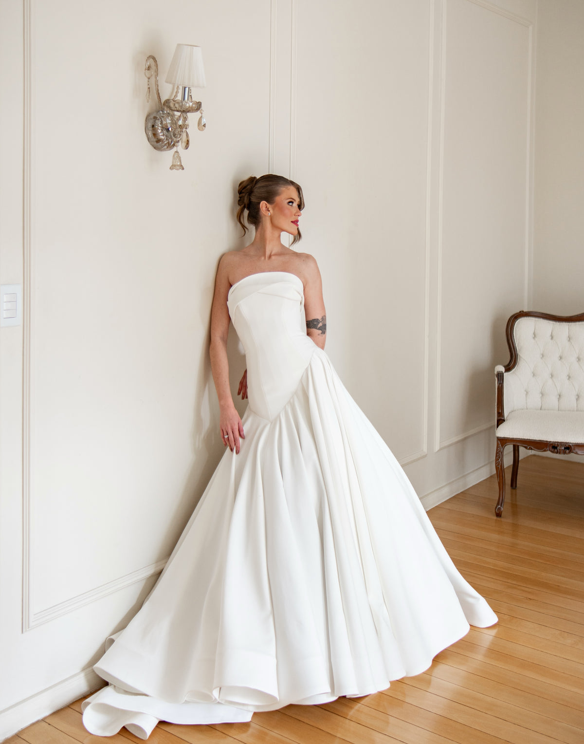 Strapless Drop Waist Satin Ball Gown Wedding Dress
