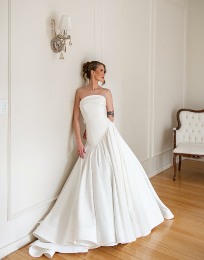 Strapless Drop Waist Satin Ball Gown Wedding Dress