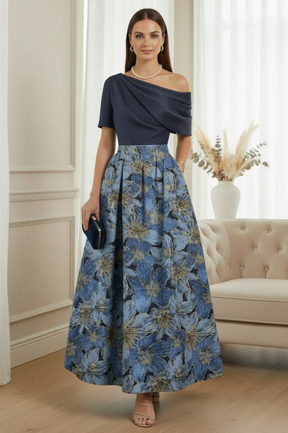 Navy Blue One-Shoulder Floral Jacquard Ball Gown | Mother of the Bride Dress