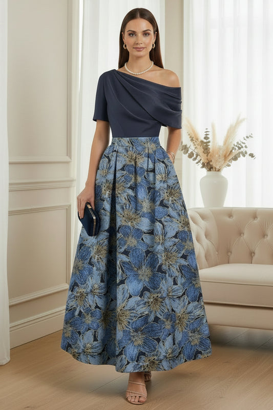 Navy Blue One-Shoulder Floral Jacquard Ball Gown | Mother of the Bride Dress