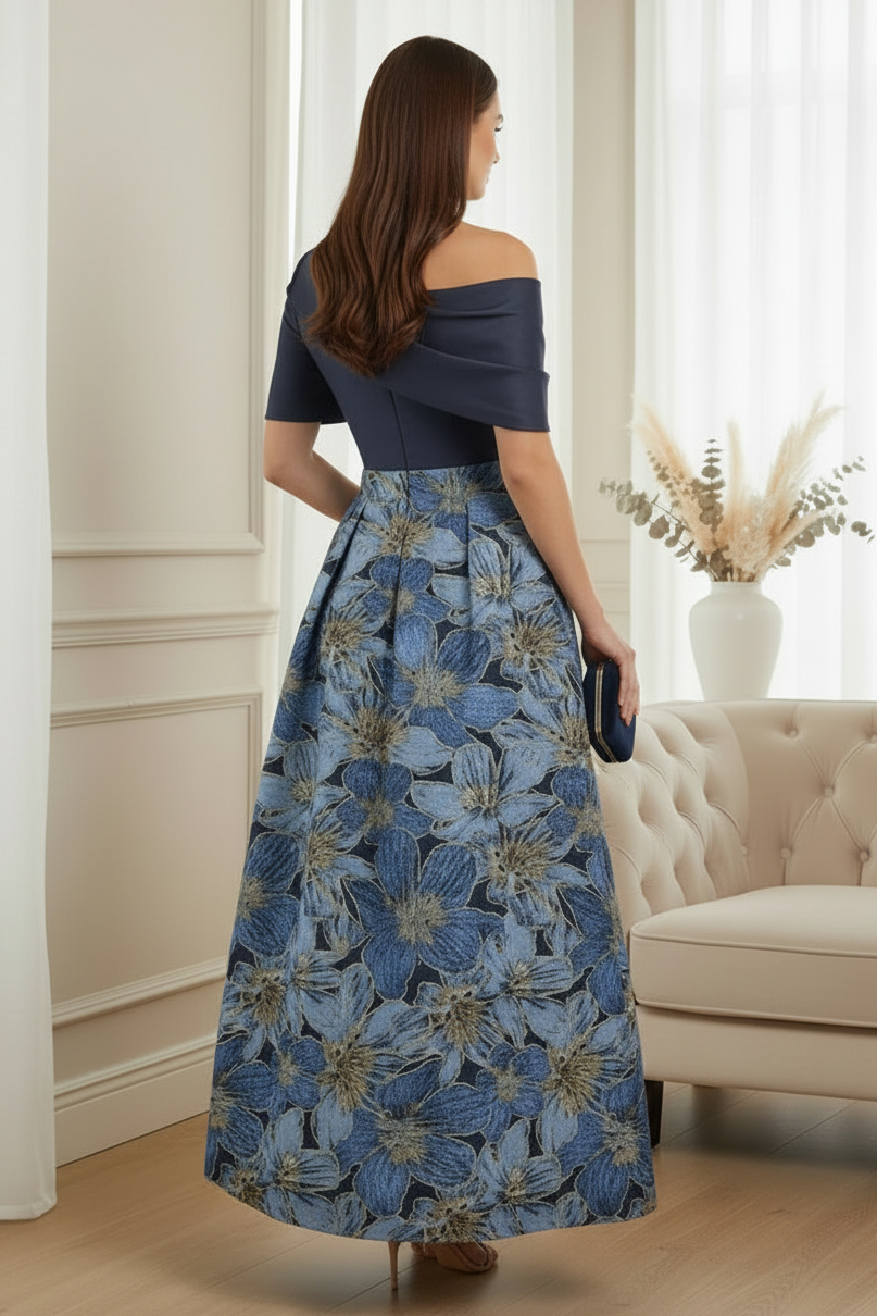 Navy Blue One-Shoulder Floral Jacquard Ball Gown | Mother of the Bride Dress