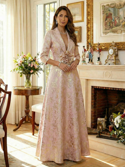 Metallic Jacquard A-Line Evening Gown with 3/4 Sleeves