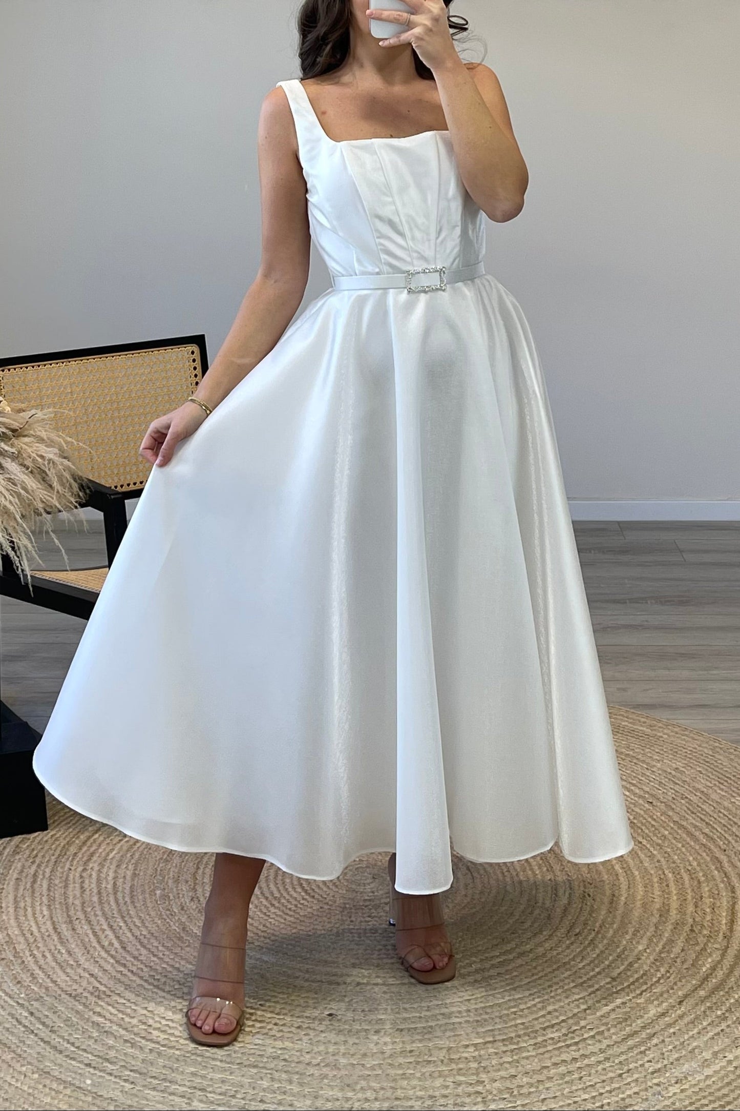 Square Neck Corset A-Line Tea-Length Dress