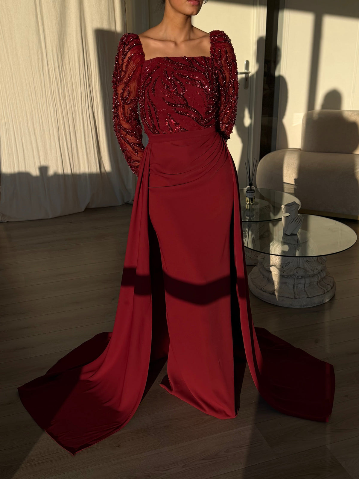 Beaded Square Neck Long Sleeve Gown with Draped Skirt